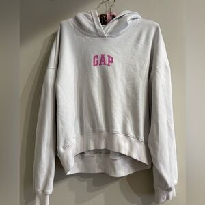 GAP White Cropped Hoodie with Pink Logo Sz S